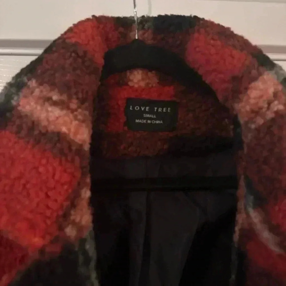 LOVE TREE BURNED ORANGE PLAID TEDDY SHERPA COAT - Picture 5 of 7